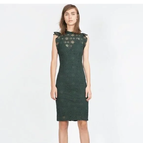 ZARA green jewel tone lace midi high neck holiday party dress small - Picture 1 of 16